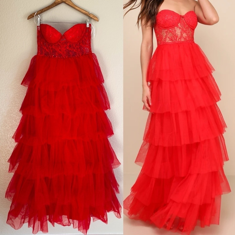 Strapless Red Tiered Tulle Prom Gown